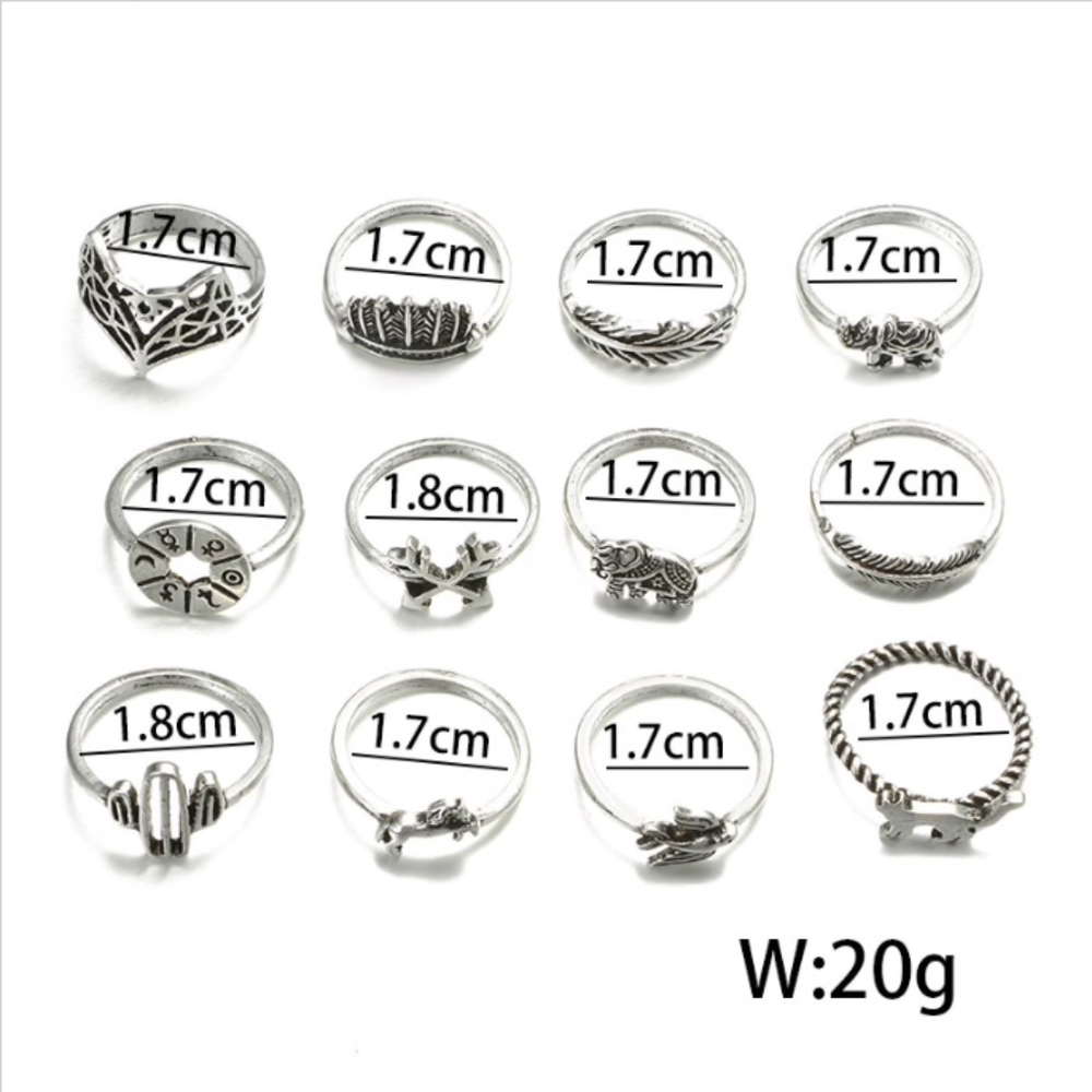 12-piece Zodiac Symbols Fox Cat Silver Ring Set - Picture 5 of 8